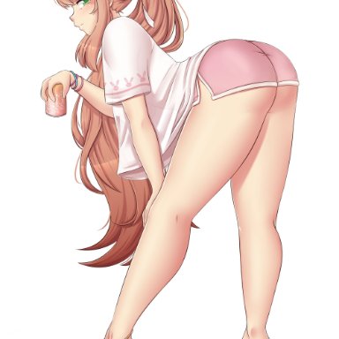 doki doki literature club, raionart, 1girls, aroused, back view, bare legs, barefoot, bending forward, bending over, bent over, big ass, big butt, blush, brown hair, feet