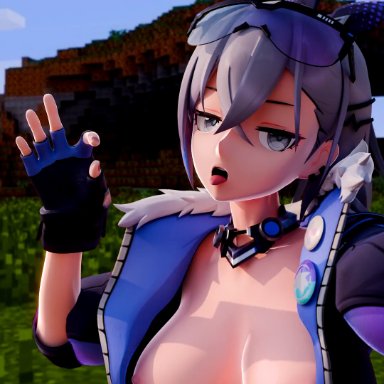 honkai: star rail, seele (honkai: star rail), silver wolf (honkai: star rail), neenbeanmachine, 2girls, areolae, breasts, female, imminent oral, implied oral, nipples, tongue, tongue out, v sign, 3d