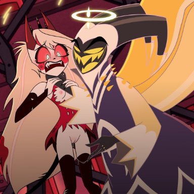 hazbin hotel, adam (hazbin hotel), kuruko, angel, angel humanoid, blonde female, bodily fluids, breasts, clothed, clothing, demon, demon humanoid, duo, female, forced