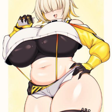 goddess of victory: nikke, elegg (nikke), tailzkim, 1girl, big breasts, black topwear, blonde hair, booty shorts, breasts, chubby, chubby belly, chubby female, exposed shoulders, fang, female