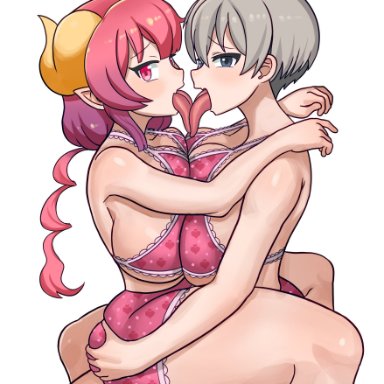 kobayashi-san chi no maidragon, uzaki-chan wa asobitai!, ilulu (dragon maid), uzaki hana, 2girls, ass, big ass, big breasts, blue eyes, blush, breasts, dragon, dragon girl, fair skin, fair-skinned female