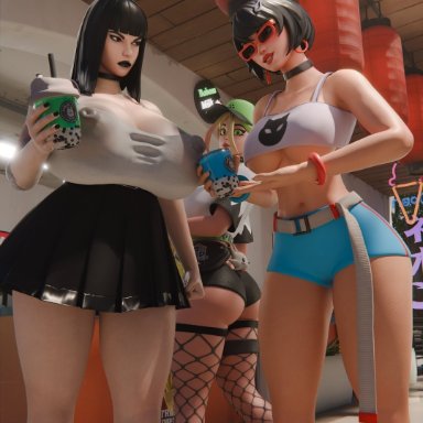 epic games, fortnite, fortnite: battle royale, charlotte (fortnite), evie (fortnite), helsie (fortnite), superhentaimaster9000, 3girls, angry expression, angry face, big breasts, black hair, black lips, black lipstick, boba tea