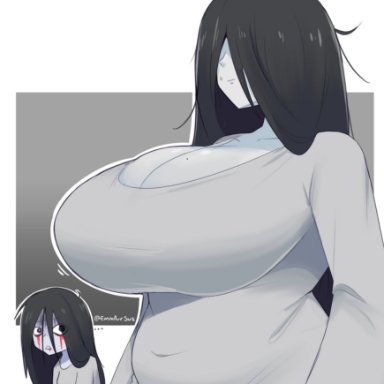 the ring, yamamura sadako, emmarrgus, beauty mark, beauty mark on breasts, big breasts, black hair, blood, blood on face, blood on mouth, breasts, chubby, chubby belly, chubby female, cleavage