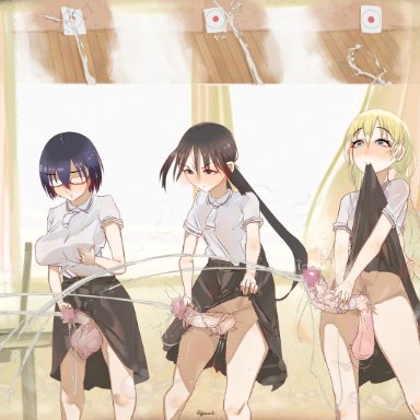 asobi asobase, honda hanako, nomura kasumi, olivia (asobi asobase), abigorli, 3futas, balls, big balls, big penis, black hair, blonde hair, breasts, clothed, clothing, competition