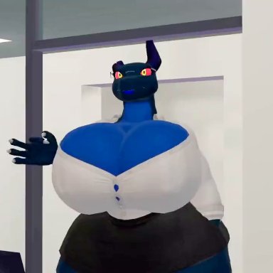 vrchat, nevora, fluffedbust, anthro, big areola, big ass, big breasts, big butt, big nipples, big thighs, blue body, blue skin, blue tail, blush, breasts