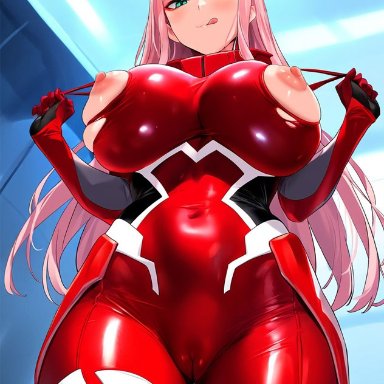 darling in the franxx, zero two (darling in the franxx), alterism, alternate breast size, bodysuit, cameltoe, curvy, eyeshadow, female focus, green eyes, headband, horns, hourglass figure, implied sex, impossible clothes