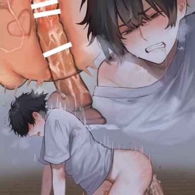 masturbation day, original, 1boy, all fours, anal, anal object insertion, barefoot, bishonen, black eyes, black hair, blush, bottomless, clenched teeth, cross section, cum