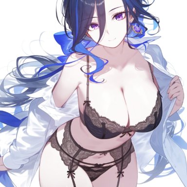 genshin impact, hoyoverse, clorinde (genshin impact), setsuaiart, setsumanga, belly button, big breasts, black hair, blue hair, blush, bra, earrings, huge breasts, lingerie, lingerie only