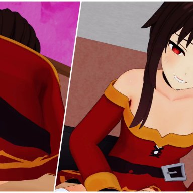 megumin, 1boy, 1girls, ass, clothed, clothed sex, legwear, long hair, multiple views, panties, panties aside, penis, red eyes, riding, riding penis