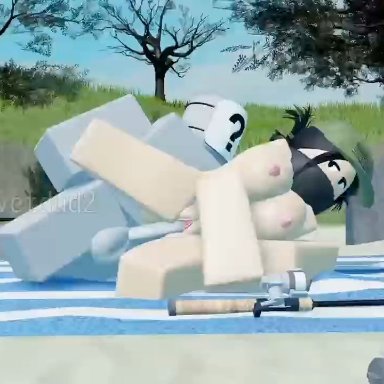 roblox, anonymous male, robloxian, vetdud2, 1boy, 1girls, balls, beach, breasts, fishing rod, mask, nipples, nude, outside, penis