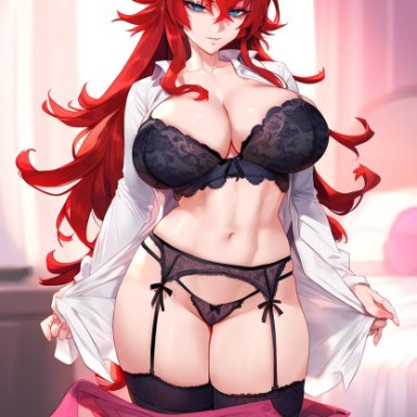 high school dxd, rias gremory, dclp, garter straps, huge breasts, light-skinned male, lingerie, looking at viewer, pale-skinned female, presenting, showing off, solo, teasing viewer, thick thighs, thighhighs