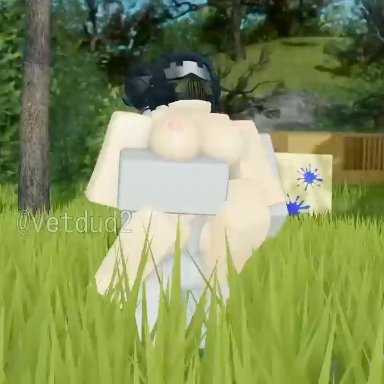 roblox, anonymous male, robloxian, vetdud2, 1boy, 1girls, balls, breasts, forest background, mask, nipples, nude, outdoors sex, outside, paint splatter