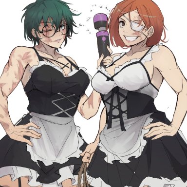 jujutsu kaisen, kugisaki nobara, zenin maki, foonie xd, 2girls, big breasts, brown hair, burn scar, clenched teeth, eyepatch, female, female only, foonie, glasses, green hair