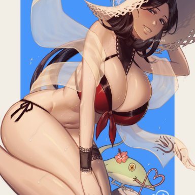 bleach, bleach brave souls, unohana retsu, 50x48x48, 1girls, bikini, bikini bottom, bikini top, black hair, blue eyes, blue flower, bracelet, breasts, busty, cleavage