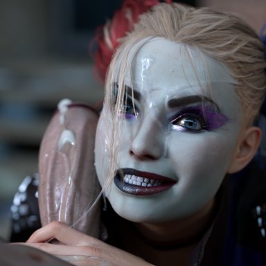 dc, dc comics, suicide squad, harley quinn, otacon212, bitch, blonde hair, blowjob, blowjob face, covered in cum, cum, cum on face, cumshot, 3d