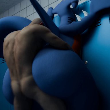 pokemon, garchomp, zenith741, 2boys, anthro, big ass, cling, furry, gay, gay sex, human on anthro, human on humanoid, interspecies, male/male, monster
