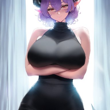 vermeil in gold, vermeil, vermeil (kinsou no vermeil), creamy ai, 1girls, arms under breasts, crossed arms, demon girl, large breasts, purple hair, red eyes, short hair, succubus, thick thighs, turtleneck