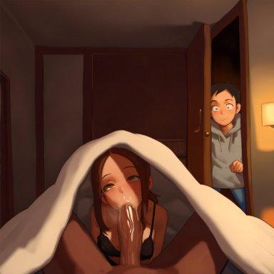 karakai jouzu no takagi-san, nishikata, takagi-san, blackedgens, 1girls, 2boys, big penis, cuckold, dark skin, dark-skinned male, fellatio, female, interracial, male, ai generated