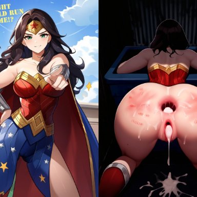 dc comics, wonder woman, after anal, after rape, after sex, after vaginal, before and after, before sex, cum in ass, cum in asshole, cum in pussy, defeated, defeated heroine, dripping cum, gaping anus