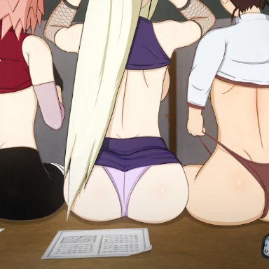 boruto: naruto next generations, naruto, naruto (series), naruto shippuden, ino yamanaka, sakura haruno, tenten, otsukira, 3girls, adjusting panties, ass, ass focus, big ass, blonde hair, bottomless