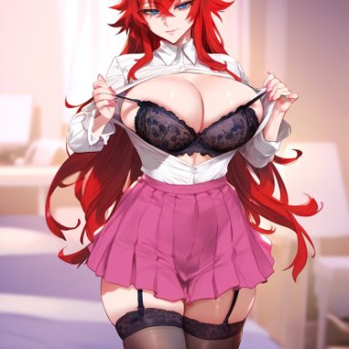 high school dxd, rias gremory, dclp, bra, huge breasts, light-skinned female, looking at viewer, pale skin, red eyes, solo, thick thighs, undressing, wide hips, zettai ryouiki, ai generated