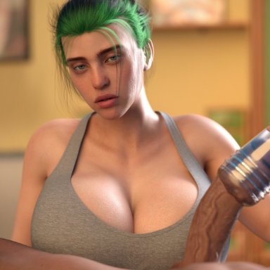 billie eilish, finneas o'connell, otacon212, 1boy, 1girls, alternate breast size, big breasts, big penis, breasts, brother and sister, cleavage, clothed female nude male, eye contact, green hair, huge breasts