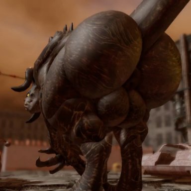 bethesda softworks, fallout, roblox, deathclaw, willie piv, anus, balls, big butt, glowing eyes, horns, looking back, male, male only, shaking ass, tail