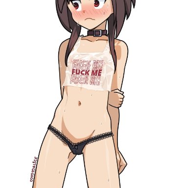 megumin, artist request, 1girls, black lingerie, black panties, blunt bangs, breasts, breasts visible through clothing, brown hair, choker, embarrassed, embarrassed female, female, female only, fuck me (text)