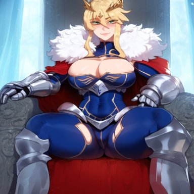fate (series), fate/grand order, artoria pendragon, artoria pendragon (lancer), mistarman, 1girls, big breasts, big thighs, blonde hair, breasts, busty, cleavage, clothed, clothed female, clothing