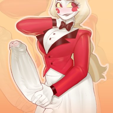 hazbin hotel, mr fuga, 1futa, balls, big penis, blonde hair, blush, blush stickers, bottomless, bow tie, breasts, button pop, clothed, clothing, demon