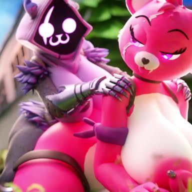 epic games, fortnite, background character, cuddle team leader, meow skulls (fortnite), raven team leader, xazter3d, 1futa, 1girls, 5 fingers, all fours, ambiguous penetration, anthro, anthro on anthro, anthro penetrated
