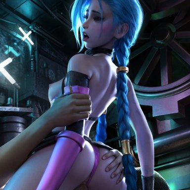 league of legends, jinx (league of legends), sevenbees, 1boy, 1girls, blue hair, braid, breasts, closed eyes, elbow gloves, girl on top, hair ornament, long hair, makeup, open mouth