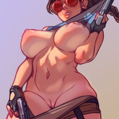 tomb raider, lara croft, djcomps, fizzz, 1girls, breasts, brown hair, female, female only, large breasts, pussy, red-tinted eyewear, solo, sunglasses, thighs