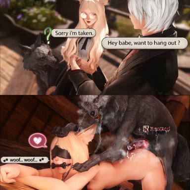 final fantasy xiv, miqo'te, yuunaffnsfw, after sex, before and after, blindfold, canine, cucked by beast, cuckold, doggy style, female, feral, feral domination, feral on female, from behind
