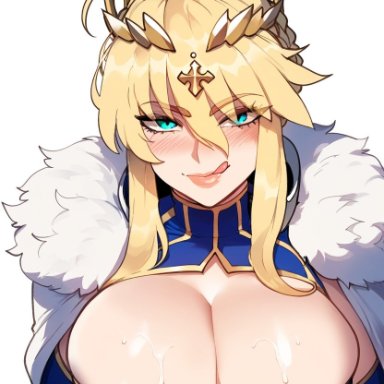 fate (series), fate/grand order, artoria pendragon, artoria pendragon (lancer), mistarman, 1girls, areolae, big breasts, blonde hair, blush, breasts, busty, cleavage, clothed, clothed female