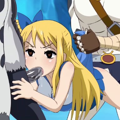 fairy tail, celestial spirit, lucy heartfilia, taurus (fairy tail), big breasts, big penis, blonde, blonde hair, blowjob, blush, breasts, brown eyes, cave, cheating, cheating girlfriend
