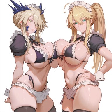 fate (series), fate/grand order, artoria pendragon, artoria pendragon (lancer alter), artoria pendragon (lancer), mocase, 2girls, breasts, female, green eyes, huge breasts, large breasts, light skin, light-skinned female, long hair