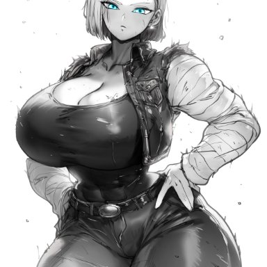 dragon ball, dragon ball z, android 18, thegoldensmurf, 1girls, android, belt, belt buckle, blue eyes, clothed female, earrings, fully clothed, giant breasts, hand on hip, hourglass figure