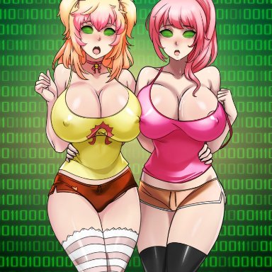 crush crush, original, sad panda studios, crystal (lewd-zko), mio (crush crush), shinzu031, 2girls, bangs, binary, blonde hair, blush, breasts, choker, cleavage, collarbone