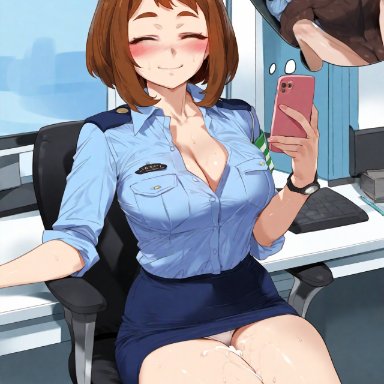 my hero academia, ochako uraraka, samsara ai, ^ ^, 1girls, after sex, blush, breasts, brown eyes, brown hair, closed eyes, cuckold, cum, curvy, curvy female