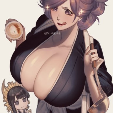 bleach, hikifune kirio, shutara senjumaru, 50x48x48, 2girls, black eyes, black hair, breasts, cleavage, cooking, facial mark, gilf, haori, holding, holding ladle