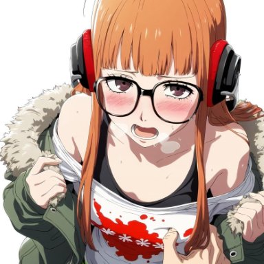 persona, persona 5, akira kurusu, joker (persona), ren amamiya, sakura futaba, artist request, aroused, bare shoulders, blush, breast grab, breast squeeze, breast squish, brown eyes, choku to-san no kyony&#363;