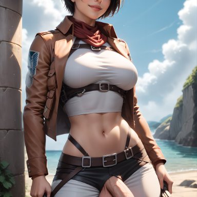 attack on titan, mikasa ackerman, taceee, 1futa, abs, balls, big balls, big breasts, breasts, curvy, dickgirl, futa only, futanari, looking at viewer, nsfw