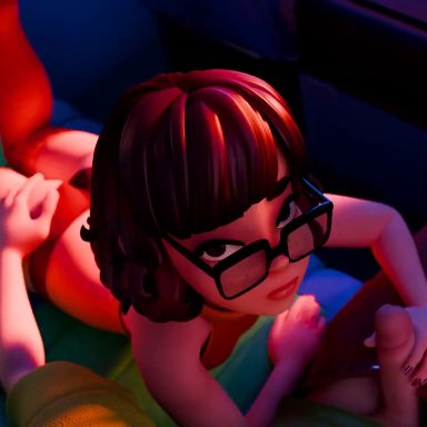 scooby-doo, shaggy rogers, velma dinkley, blenderknight, zerodiamonds, 1boy, 1boy1girl, 1girl1boy, 1girls, blowjob, car, clothed, clothed female, clothed male, fellatio