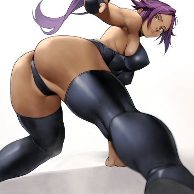 bleach, shihouin yoruichi, yoshi55level, yoshio (55level), 1girls, all fours, ass, black footwear, black leotard, boots, breasts, closed mouth, dark skin, dark-skinned female, elbow gloves