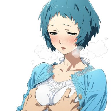 persona, persona 3, makoto yuki, yamagishi fuuka, artist request, aroused, blue eyes, blue hair, blush, breast squeeze, breast squish, breasts, choku to-san no kyony&#363;, embarrassed, embarrassed female