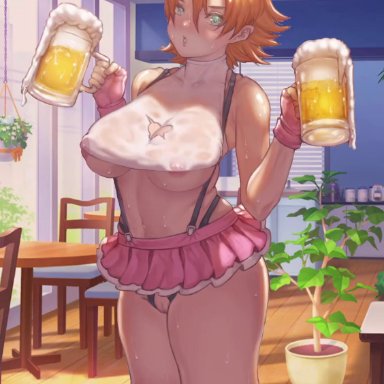 rwby, nora valkyrie, prinzkuon, segal03, 1girls, areola slip, areolae, bare shoulders, beer, big breasts, breasts, cleavage, crotchless clothes, cutout, female