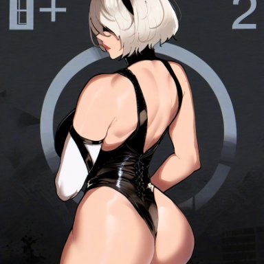 blacked, nier: automata, yorha 2b, twitwit, 1girls, back, back view, big ass, corset, cover, female, female only, latex, solo, solo female