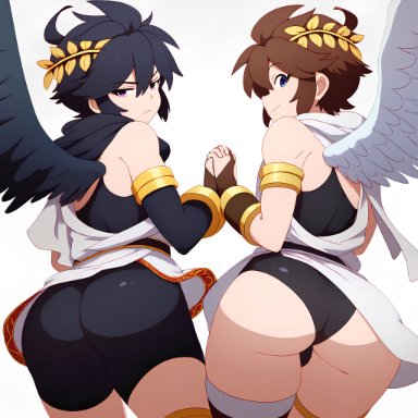 kid icarus, nintendo, dark pit, pit (kid icarus), 2boys, ass, bulge, femboy, gay, holding hands, looking at viewer, looking back, male, male only, multiple boys