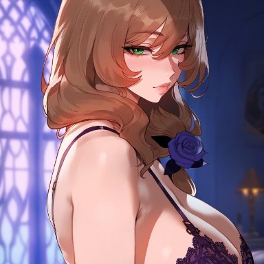 genshin impact, lisa (genshin impact), floox, 1girls, breasts, brown hair, female, green eyes, hips, large breasts, long hair, thick thighs, thighs, wide hips, ai generated